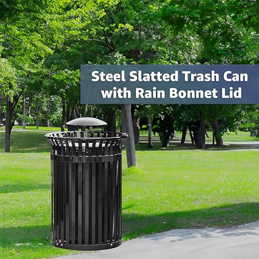 45 Gallon Black Trash Can with Rain Bonnet Lid, Outdoor Heavy-Duty Commercial Waste Bin Steel Slatted, Round Recycle Container, Durable Garbage Can for Parks, Municipalities, Schools, Parking