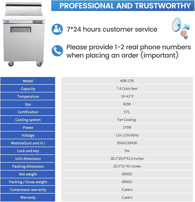 27" W 1 Door Refrigerator Sandwich Salad Prep Table Commercial Stainless Steel Fan Cooling Refrigerator with Cutting Board, 1 Shelves & 8 Pans for Restaurant, Bar, Shop-7.4 Cu.ft