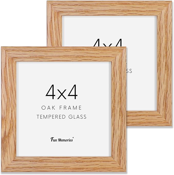 Fun Memories 4x4 Picture Frame, Solid White Oak Wood Frame 4 by 4, 4 x 4 Square Photo Frame with Tempered Real Glass, Rustic Wooden Frame 4"x4" for Wall & Tabletop Display, Natural Color, Set of 2