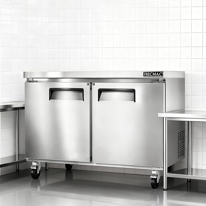 HECMAC 48" Commercial Freezer, 12.96 Cu.ft Worktop Undercounter Fridge with 2 Solid Door, -8~0℉, 18-8 Stainless Steel Interior, ETL&NSF/ANSI 7 for Restaurant, Bar, Shop, Kitchen Use