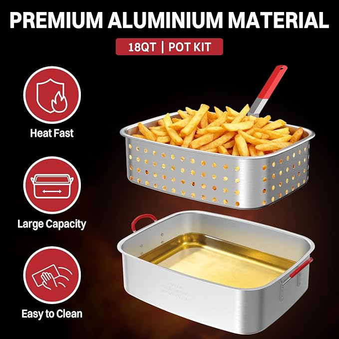 18QT Aluminum Deep Fryer Pot with Basket | Lid | 9" Fryer Tong | 6" Thermometer | Outdoor Fish Fryer Pot | Ideal for Frying Fish | French Fries | Chicken Wings