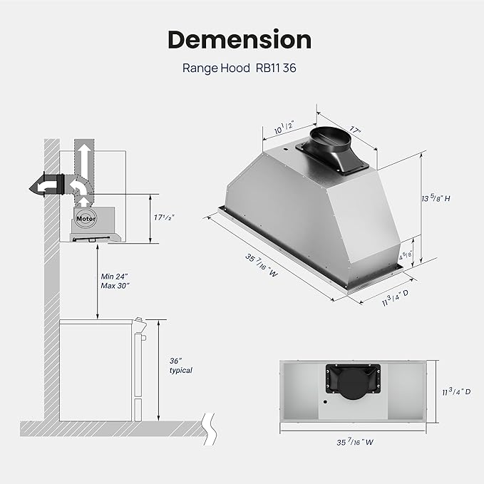 Range Hood Insert 36 inch, 900 CFM Ducted/Ductless Convertible, Stainless Steel & Tempered Glass White 36 inch Built-in Range Hood, With 3-Speed Fan and Gesture Sensing &Touch Control