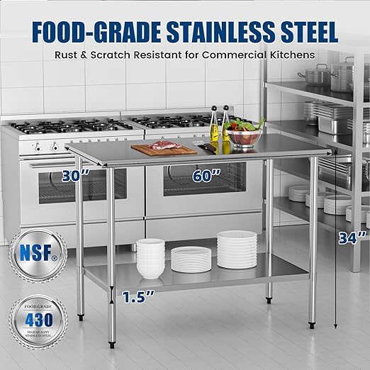 Stainless Steel Work Table 30 x 60 Inch with Adjustable Undershelf, Heavy-Duty Metal Prep Table for Commercial Kitchen & Restaurant, Garage, Outdoor