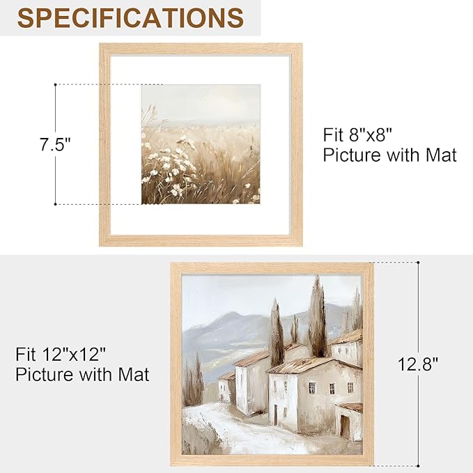 Vittanly 12x12 Picture Frame Set of 2, Solid Wood Frame for Wall Art Photo and Prints, Display Photo 8x8 with Mat or 12x12 without Mat, Natural