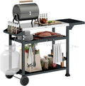 Outsunny Outdoor Grill Cart with Foldable Side Table, 46" x 21.75" Multifunctional Stainless Steel Pizza Oven Stand with Three-Shelf, Movable Food Prep Table on Wheels, Black
