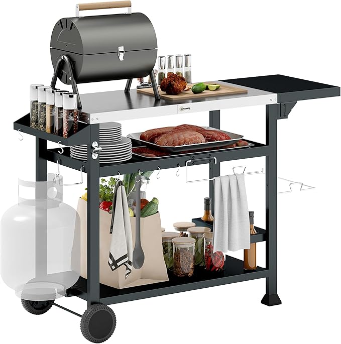 Outsunny Outdoor Grill Cart with Foldable Side Table, 46" x 21.75" Multifunctional Stainless Steel Pizza Oven Stand with Three-Shelf, Movable Food Prep Table on Wheels, Black
