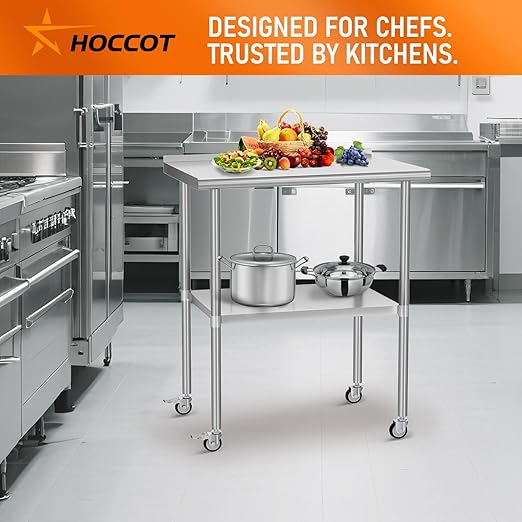 Stainless Steel Prep Table 24" X 30" with Adjustable Undershelf, Backsplash and Wheels, Commercial Metal Workstations for Kitchen, Garage, Outdoor BBQ