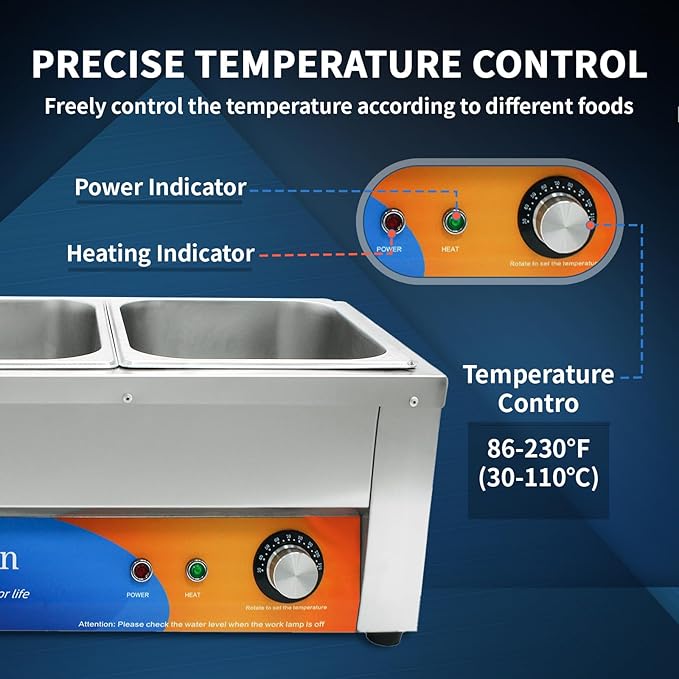 Treshin 2 Pan Commercial Food Warmer 21 Qt Capacity 1200W Stainless Steel Electrical Bain Marie Buffet Food Warmer Steam Table with Temperature Control & Lid for Home, Party, Catering, Restaurants