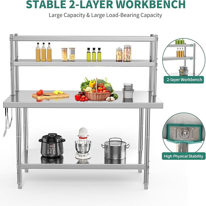 YITAHOME NSF Stainless Steel Table with Overshelves, 48" X 24" Work Table with 48" X 12" Shelf, Metal Table Prep Table for Home Kitchen Restaurant Garage Warehouse