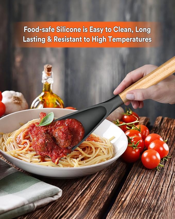 Cooking Spoon for Nonstick Cookwares, Great for Cooking and Serving Sturdy BPA-Free Matte Silicone, Wood Handle Spoon for Mixing, Scoop, and Scrape (GREY, 13.4 inch)