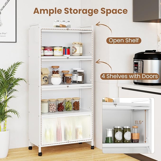 Giantex 5-Tier Kitchen Storage Cabinet, 60" H Mobile Microwave Stand with Flip-up PC Doors, Freestanding Kitchen Bakers Rack with 4 Rolling Casters, for Dining Room, Living Room and Study (White)