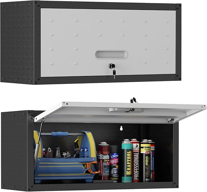 Metal Wall Cabinet,Wall Mounted Garage Cabinets with Lockable Up-Flip Door,Hanging Storage Cabinet 130 lbs Capacity,Floating Cabinet for Tool Organization in Basement,Workshop,Kitchen,Black/Grey