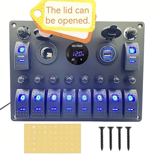 10 Gang Rocker Switch Panel with Breaker for Marine Boat RV Truck (Blue): Voltmeter, Reset Circuit Breaker, 4.2A Car Cigarette Lighter Socket, Dual 12V 24V USB Charger & Control Toggle Switch