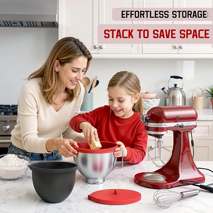 Silicone Bowl Liners for KitchenAid 5 Quart Tilt-Head Mixer,Set of 2 with Lids,Accessories include Mixer Slider Mat,Stand Mixer Dust-proof Cover,Silicone Spatula Set