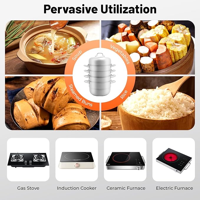 Steamer 32.5cm/12.8in, 5-tier Stainless Steel Steam Cooker w/Visual Lid & Handles, Home Round Stackable Multipurpose Steam Pot for All Stoves (1xBottom Pot, 3xSteaming Baskets, 2xSteaming Slices)