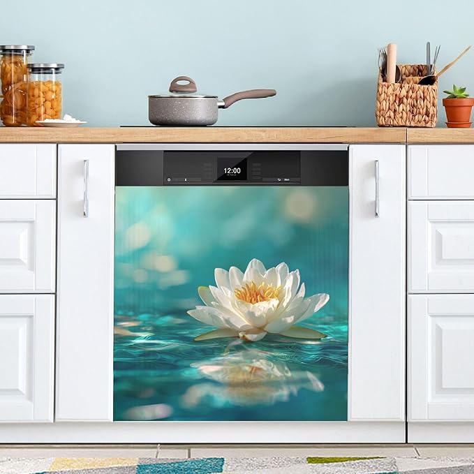 Flowers Teal Dishwasher Magnet Cover for Front Panel Magnetic Dishwasher Cover Decorative Refrigerator Magnet Covers Fridge Panel Decal for Kitchen Decor, 23" x 26"