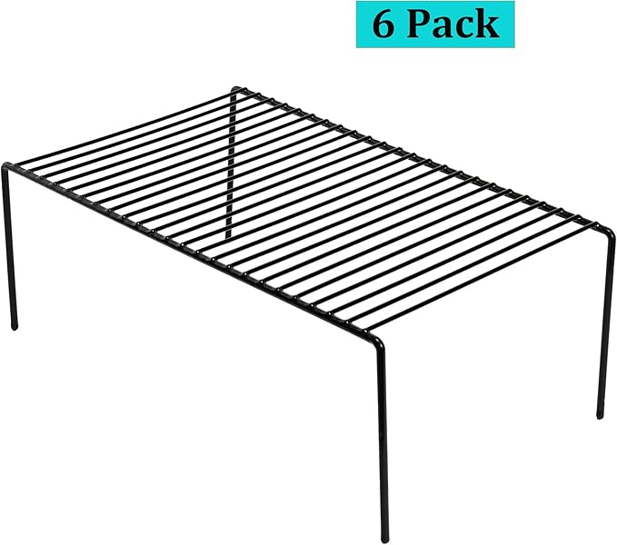 iPEGTOP Set of 6 Large (15.7 x 9.4 Inch) Kitchen Cupboard Organiser, Freezer Cabinet Storage Metal Shelf Wire Rack, Rustproof Steel Shelves for Fridge Pantries Countertops Utensils, Black