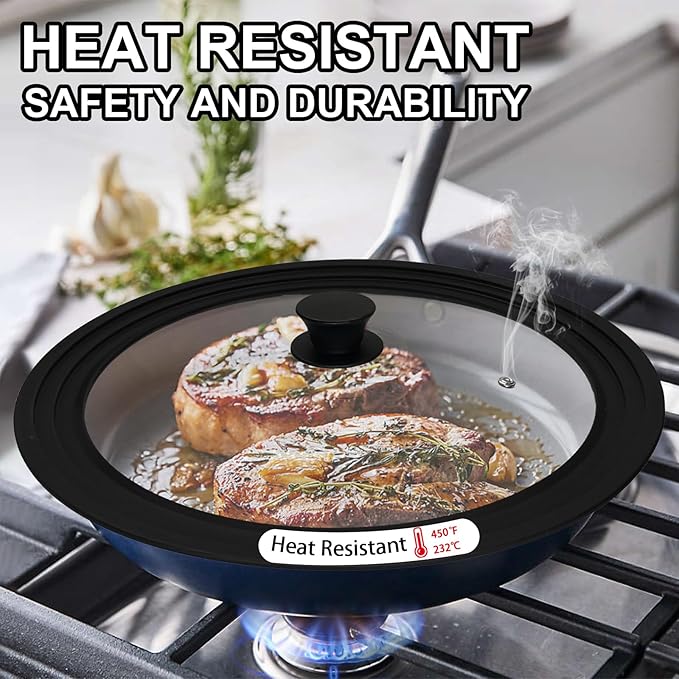 15 Inch Universal Pan Lid, Heat Resistant Frying Pan Lid, Silicone & Tempered Glass Lid for 13-15 Inch Pots and Pans