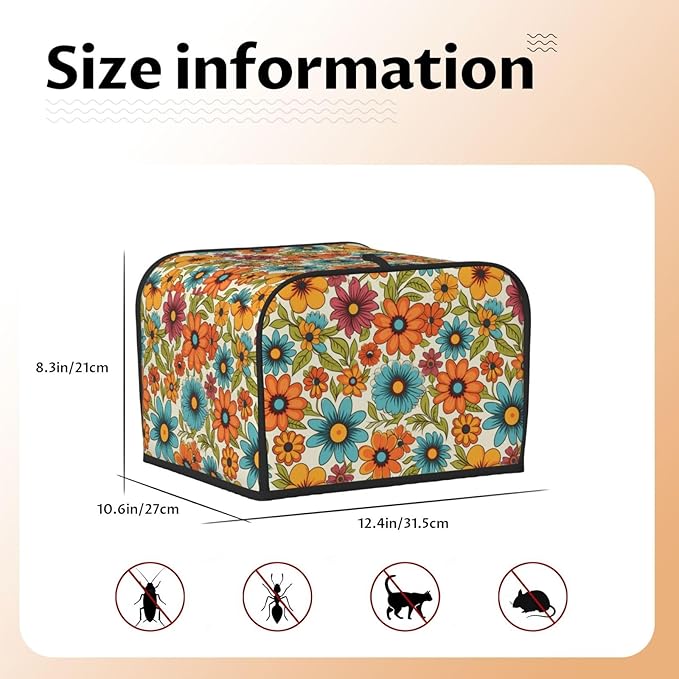 4 Slice Toaster Cover for Kitchen Hippie Flower Retro Waterproof and Dustproof Toaster Dust Cover with Side Pockets Decorative Universal Cover for Wide Slot Toasters and Small Appliances