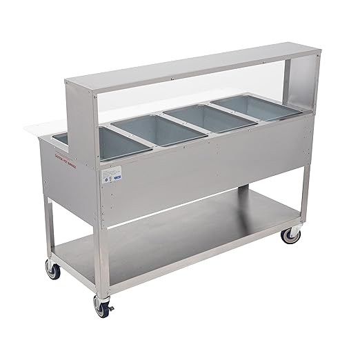 Kratos Commercial Electric Steam Table/Hot Food Table with Overshelf and Sneeze Guard, 4 Wells, Stainless Steel, Stationary, NSF, 240V (28W-204)