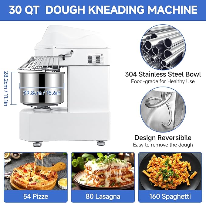 40lbs/30Qt Commercial Spiral Dough Mixer with Timer, 1800W Electric Dough Kneading Machine with 304 Stainless Steel Bowl, Touch Screen,2 Speeds Dual Rotation for Restaurant, Bakery, Pizzeria