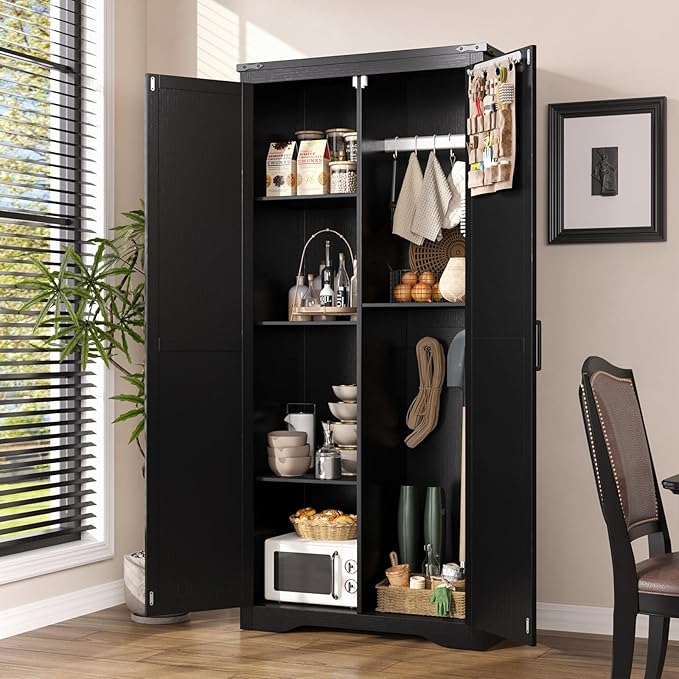 Tall Storage Cabinet with Adjustable Shelves, Farmhouse Pantry Organize with 2 Barn Doors, Large Freestanding Cabinet for Kitchen, Garage, Basement, Living, Utility Room, Black