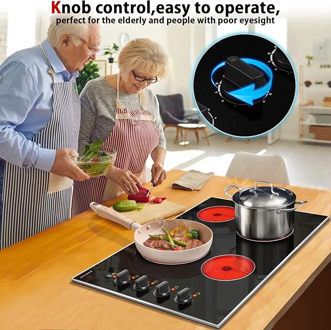 Noxton 30 Inch 4 Burners Electric Cooktop, Built-in 30" Radiant Electric Ceramic Stove Top with Glass Protection Metal Frame,Knob Control, Hot Surface Indicator, 220-240v, No Plug, Hard Wire