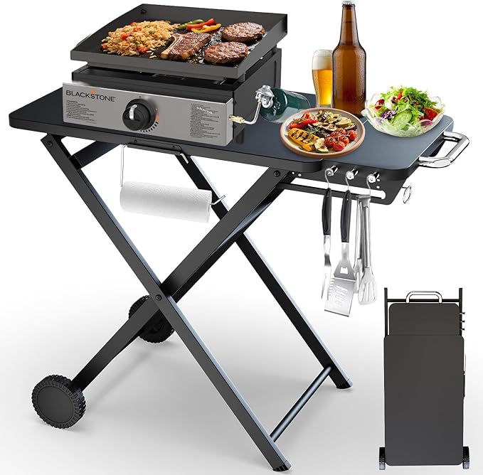 Grill Table Stand for Blackstone 17” & 22” Griddle, Ninja Woodfire Outdoor Grills, Ooni Pizza Oven, 34"x20" Foldable Grill Cart with Wheels and Handle for Camping & Backyard BBQ