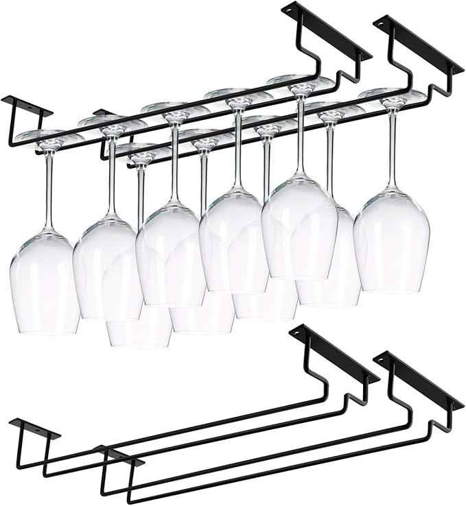 MOCOUM 15.6" Wine Glass Rack Under Cabinet - 4 Pack Stemware Holder, Holds Up To 10 Glasses, Wire Storage Hanger for Kitchen Bar (Black)