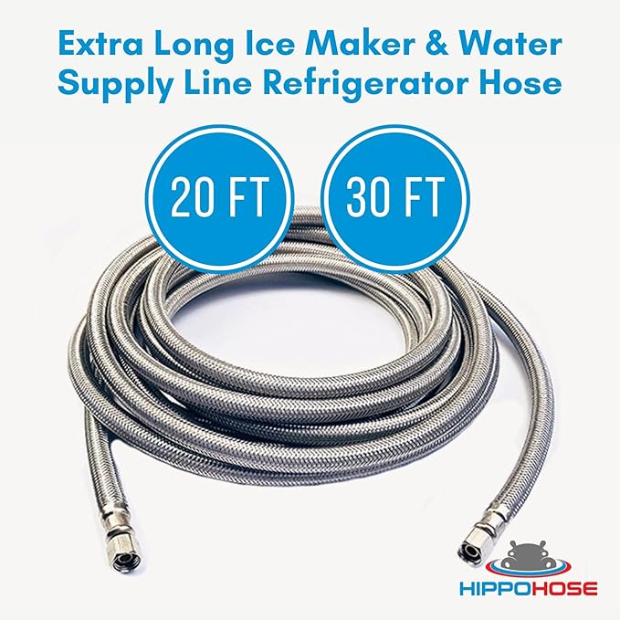 Refrigerator Icemaker Hose (20 FT) - Universal Fit to ALL Refrigerator Brands - Icemaker Water Supply Line - ¼” x ¼” Connections - SS Refrigerator Supply Hose for Ice & Water