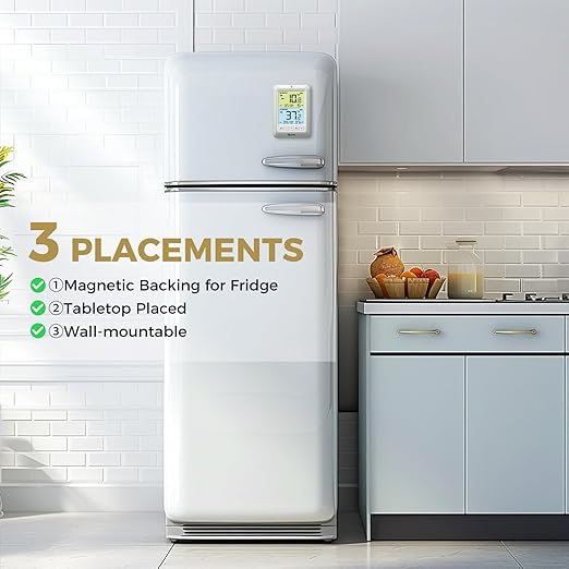 Refrigerator Thermometer with Alarm, Digital Wireless Fridge and Freezer Thermometer, Max Min Temperature Records with Magnetic & Stand Options for Home Restaurant