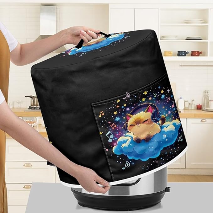 Xoenoiee Cat Starry Cloud Music Notes Pattern Pressure Cooker Cover for 3qt Kitchen Appliance Dust Cover with Pockets for Rice Cooker Air Fryer Slow Cooker