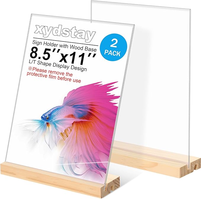 2pack 8.5x11 Acrylic Sign Holder with Wood Base for Picture Frames,L/T Shape Double Slot Design for Vertical or Slant Back Display, for Restaurant, Office, School, Store and Home Use