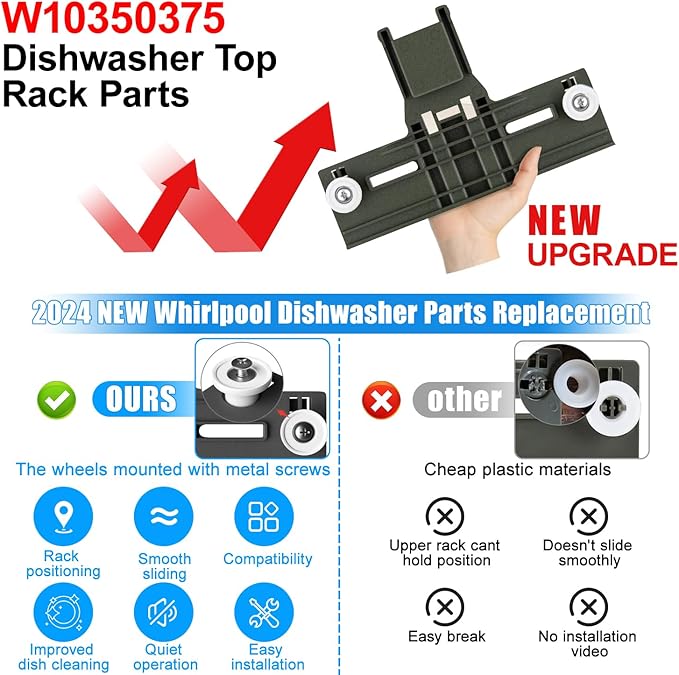 Upgraded W10350375 W10712395 Dishwasher Top Rack Adjuster Parts for Whirlpool WDTA50SAHZ0 Dishwasher Parts WDT750SAHZ0 WDT730PAHZ0 WDT970SAHZ0 Upper Rack Parts,For Kenmore 665 Dishwasher Top Rack Part