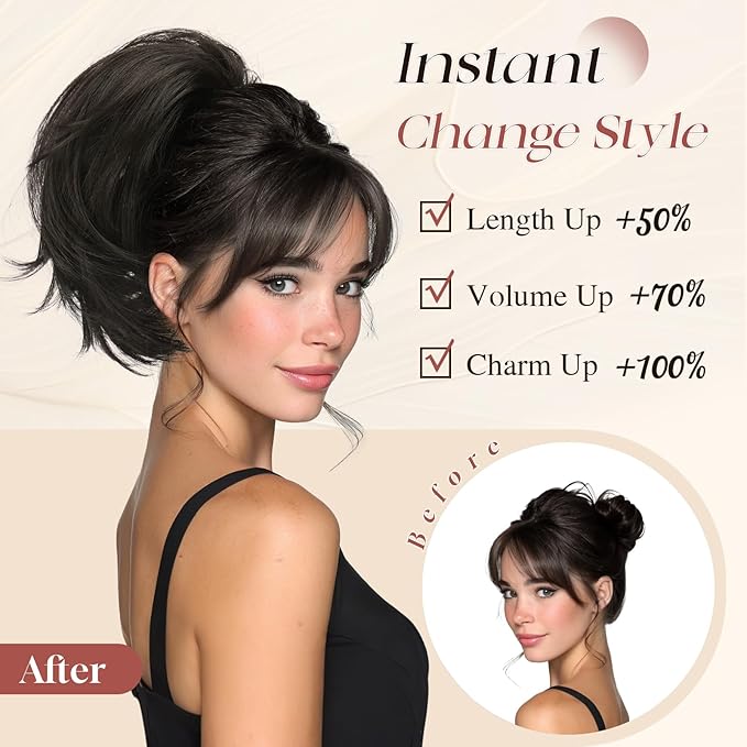 SOFEIYAN Claw Clip Short Ponytail Extension DIY Bendable Wires Hair Bun Fluffy Fake Hair Piece Straight Synthetic Hair Ponytail Extensions for Wonen - Dark Brown with Highlights
