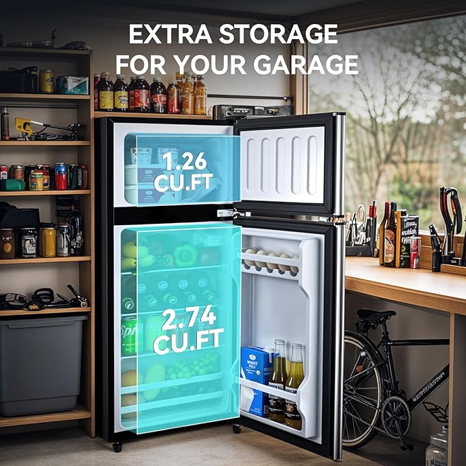 4.0 Cu.Ft Fridge with Freezer, Double Door Refrigerator with 6 Level Thermostat, LED Light, Adjustable Glass Shelves for Bedroom, Office, Dorm, Apartment, Silver