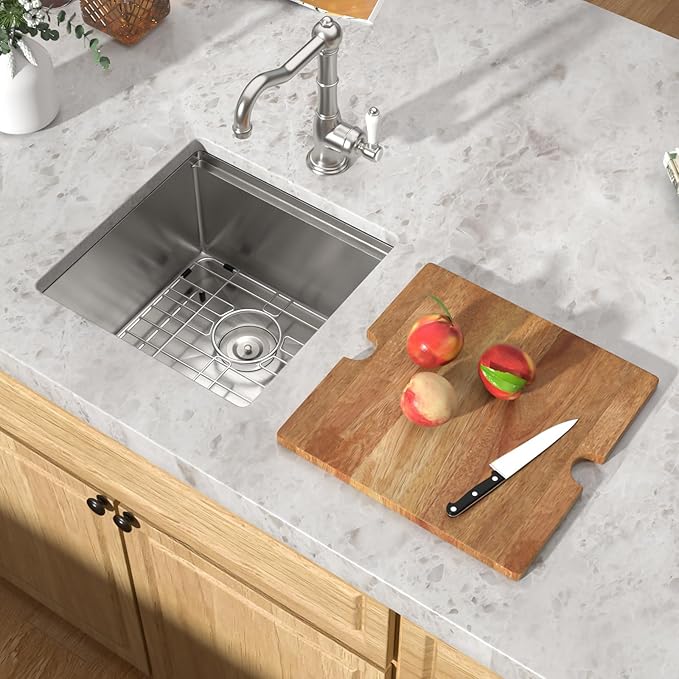 Undermount Bar Sink - 17 Inch Workstation Bar Sink Stainless Steel 16 Gauge Single Bowl Under Counter Small Prep RV Sinks with Cutting Board and Assembly #TLU-0021