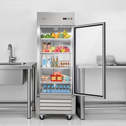 VEVOR Commercial Reach-In Refrigerator 29" W, 22 Cu.Ft Stainless Steel Upright Refrigerator with Single Glass Door, Auto-Defrost, 4 Adjustable Shelves, 32 to 50℉ Temp Control, ETL Certified