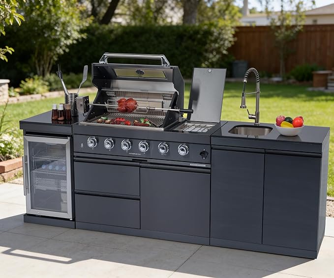 98-Inch Modular Propane-Powered Outdoor Kitchen Island, All-in-One Patio Cooking Station with BBQ Grill, Refrigerator, Sink & Storage