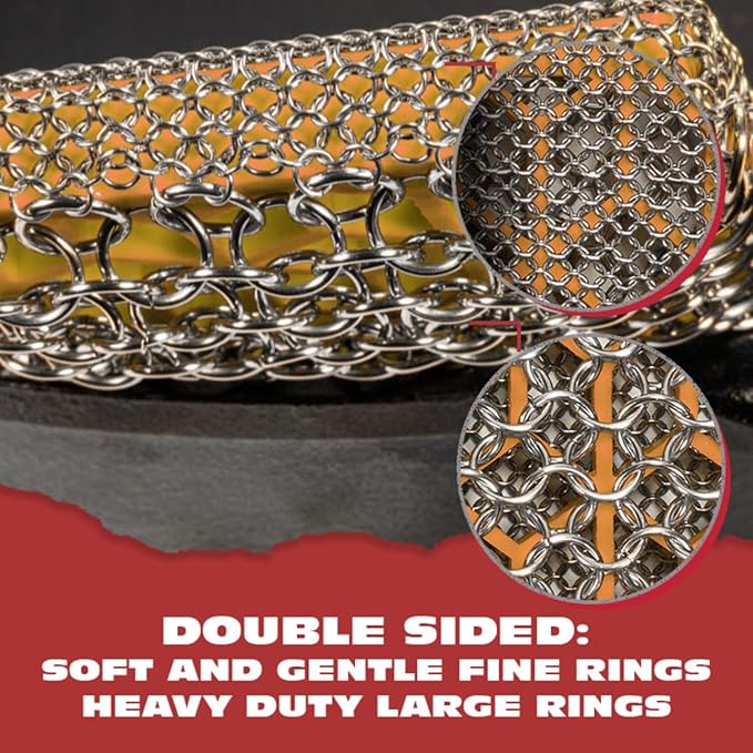 Knapp Made Combo Chainmail Cast Iron Scrubber with Silicone Core - Heavy Duty Rings and Fine Chainmail Rings -Premium Cast Iron Cleaner Chainmail Scrubber -Perfect for Cast Iron Cookware,Skillet,Woks