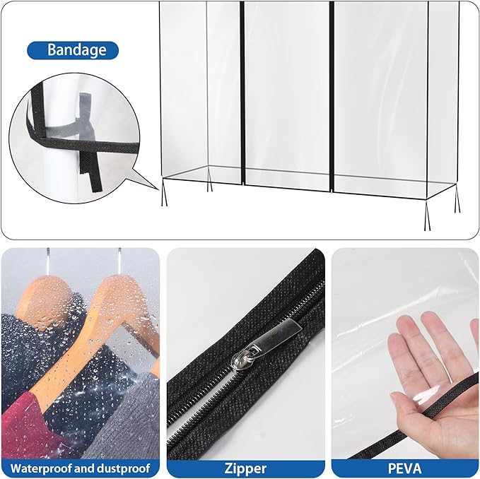 Zilink 60'' Clear Garment Rack Cover Dustproof Clothes Rack Cover Clear Garment Bags Fur Coat Storage Bag Waterproof Wardrobe Cover with 2 Durable Zippers for Garment Rack