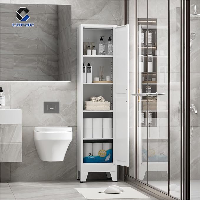 COFaR 67'' Tall Slim Bathroom Storage Cabinet, Metal Narrow Pantry Cabinet with 4 Adjustable Shelves and One Door, Skinny Cabinet Storage for Kitchen Laundry, White Farmhouse 5 Tiers