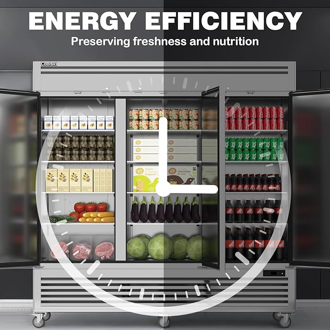Coolski Commercial Freezer 82" W, 72 Cu.ft Stainless Steel Reach In Upright Freezer 3 Door, Auto-Defrost, 12 Adjustable Shelves, -13 to -5℉ Temp Control, LED Light, 5 Wheels