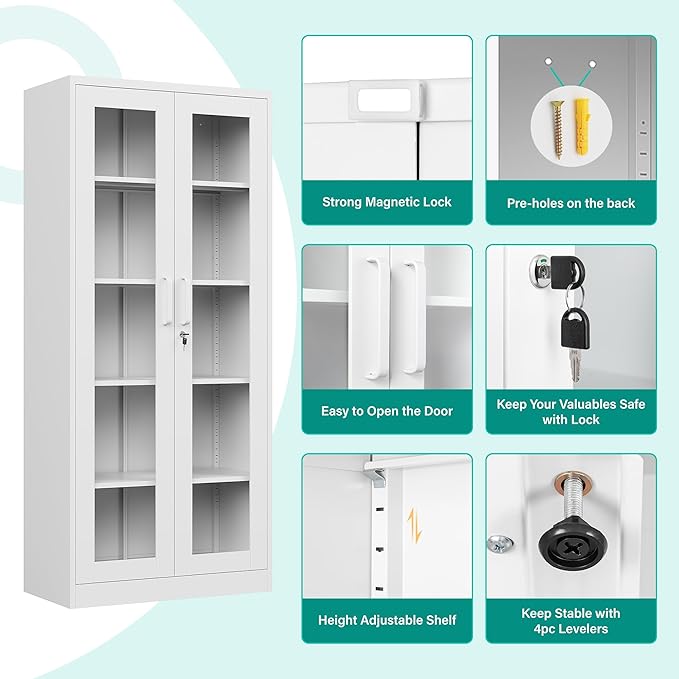 Metal Storage Cabinet with Lock and Glass Doors,71" Tall Glass Display Cabinet,White Storage Cabinets,Locking Curio Cabinets with 5 Shelves for Collectibles,Home,Office,Living Room