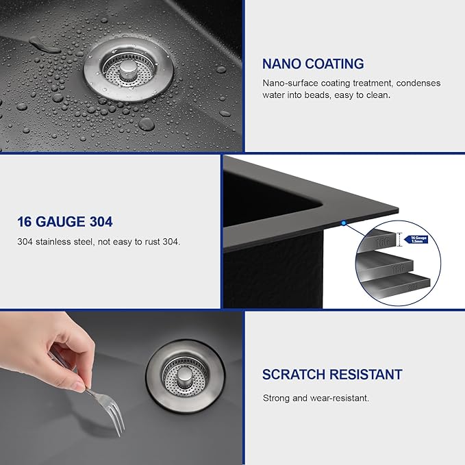 Dcolora 33 In. Black Kitchen Sink with Cup Washer, Large Single Bowl Drop In Installation, Heavy Duty 16 Gauge 304 Stainless Steel, Workstation with Valued Accessories, #DC-T2533001BWS 33"x22"x10"