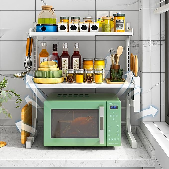 2-Tier Heavy Duty Expandable Kitchen Shelf - Adjustable Countertop Rack for Utensils & Tableware Storage, Microwave Oven Stand with 6 Hooks for Seasoning & Rice Cooker, White