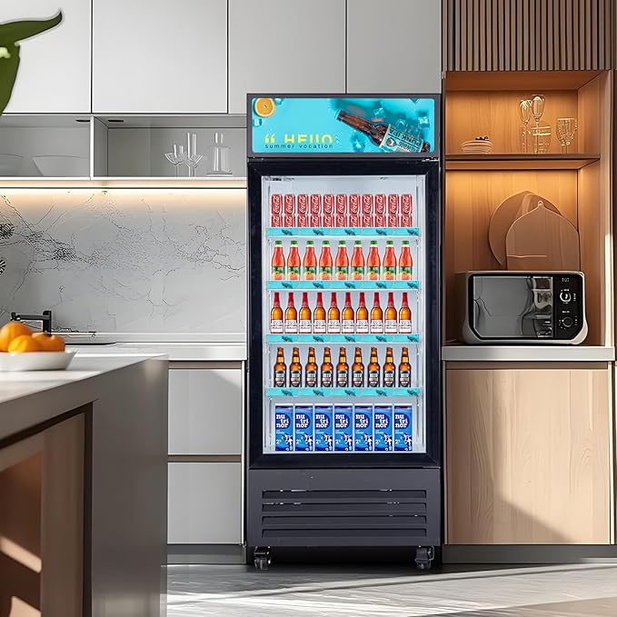 Commercial Beverage Refrigerator Display Fridge,Single Glass Door Merchandiser Drink Cooler with LED Light Adjustable Shelves,ETL and NSF Approval,16.5Cu Ft,68.9''High
