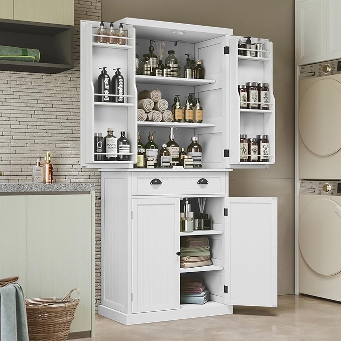 ARTPOWER 72" Pantry Storage Cabinet with Drawer, Freestanding Tall Cupboard Storage Cabinet, Utility Pantry with Door Shelves and 2 Adjustable Shelves for Kitchen, Dining Room,Living Room, White