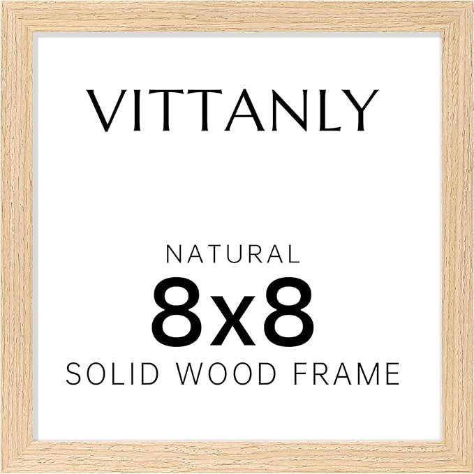 Vittanly 8x8 Picture Frame, Solid Wood Frame with Plexiglass, Includes 4x4 Mat, Wall Hanging or Tabletop for Home Decor, Natural, 1 Pack