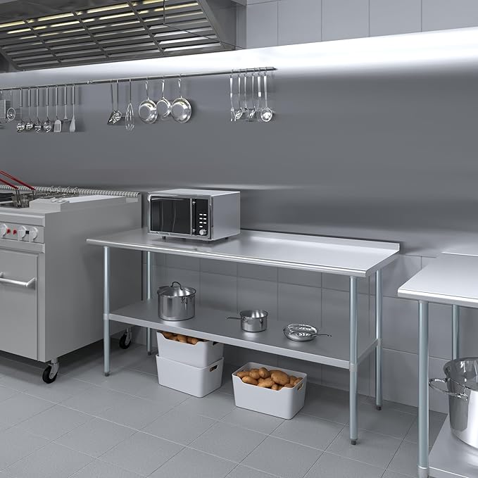 AmGood Stainless Steel Work Table with 1.5" Backsplash | Metal Kitchen Food Prep Table | NSF (72" Long x 24" Deep)
